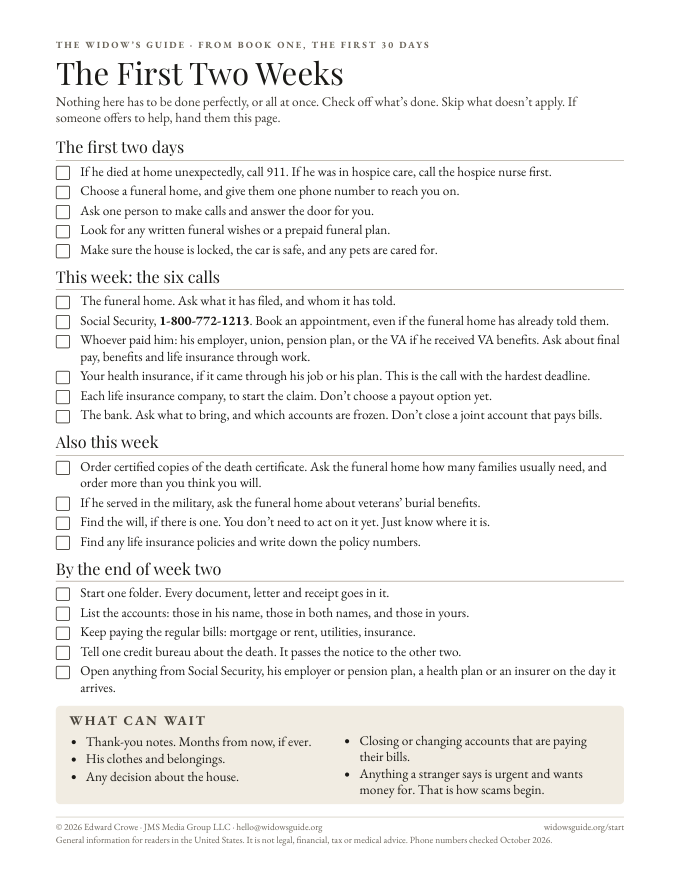 The first page of the checklist, headed The First Two Weeks, with tick boxes for the first two days and the six calls of the first week